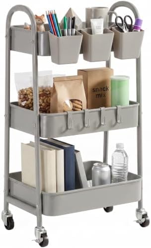 danpinera 3-Tier Rolling Cart, Metal Rolling Storage Cart with Lockable Wheels & Hanging Cups & Hooks, Mobile Trolley Cart for Kitchen, Bathroom, Office, Workshop, Gray