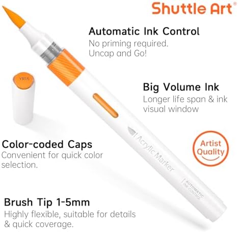 Shuttle Art Automatic Ink Control Acrylic Paint Markers, 36 Colors Brush Tip Acrylic Paint Pens for Rock Painting, Ceramic, Wood, Canvas, Glass, Stone, Fabric, Card, DIY Football Crafts