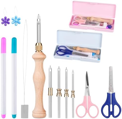 2 Sets of Punch Needle Kit with Storage Box,Adjustable Punch Needle Tool with 5 Different Metal Needles,Embroidery Punch Needle Set Adults Beginner for DIY Craft,Perfect for Gifts（Pink&Blue）