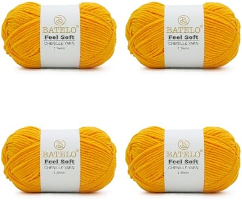 Thin Chenille Yarn for Crocheting & Knitting, Soft Plush Yarn for DIY Crafts, Amigurumi, Home Decor - 3 Light - 4 Pack of 1.7oz/142yds - Orange