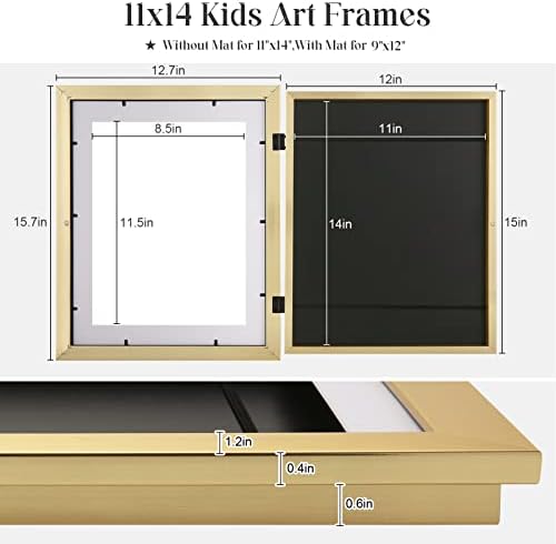[2Pack] Kids Art Frames, 11x14 Front Opening Kids Artwork Frames Changeable, Gold Artwork Display Storage Frame for Wall, Holds 50 Pcs, for 3D Picture, Crafts, Children Drawing, Hanging Art, Portfolio