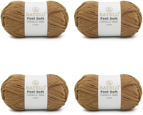 Thin Chenille Yarn for Crocheting & Knitting, Soft Plush Yarn for DIY Crafts, Amigurumi, Home Decor - 3 Light - 4 Pack of 1.7oz/142yds - Brown