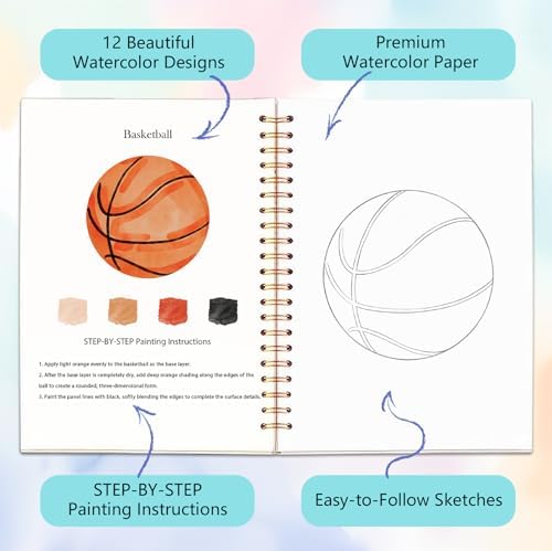 Easy Watercolor Workbook for Beginners - 12 Beautiful Step-by-Step Paintings Water Coloring Book, Includes 16 Colors Paints, Relaxing Art Projects and Creative Gift for Adults & Teen (Sports Ball)