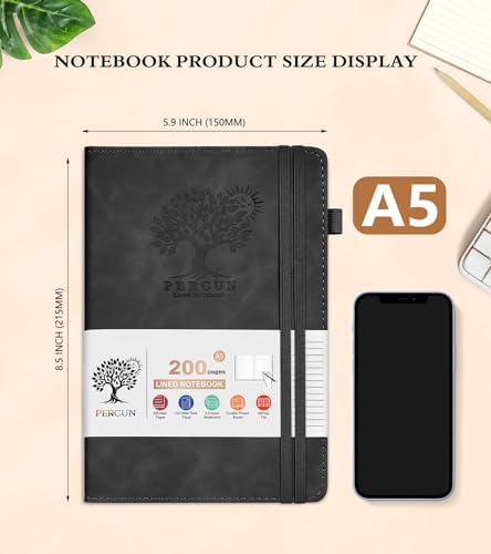 PERCUN Lined Journal Notebook 200 Pages Hardcover Leather Journal 5.9"x8.5" | A5 writing journal for women, men, business, travel, school, college ruled pages, daily diary