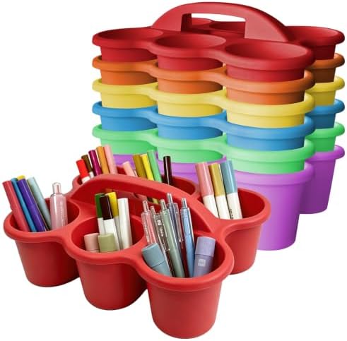 6 Pack Classroom Caddy Organizer with Handle Multicolor Plastic Table Caddy 6 Compartments Storage Cup Holder for School Supplies Art Crafts Crayons Pencils Stackable Desk Caddy for Office