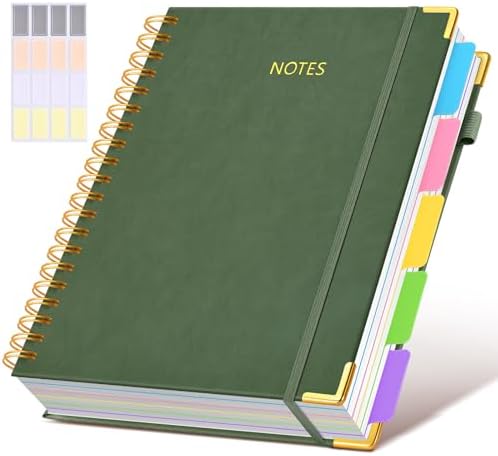 Hardcover Spiral Notebook 8.5"x11" Journal with Removable Dividers Tabs, 300 Pages Leather 5 Subject Notebook College Ruled, Large A4 Notebooks for Work School, Lined Journal for Women, A4 Green