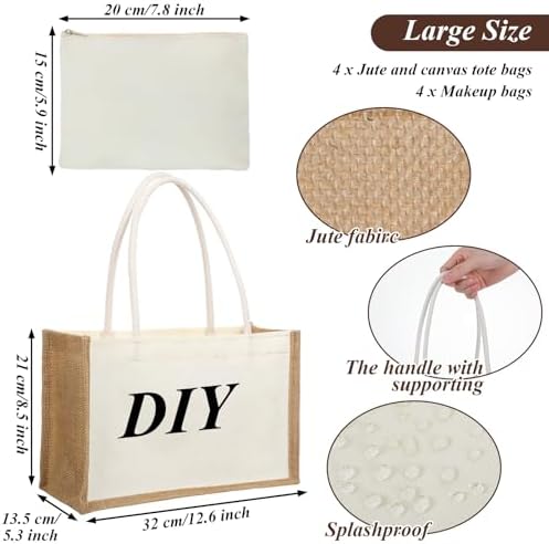4 Sets Burlap Tote Bag, Jute Tote Bag with Canvas Makeup Pouch Reusable DIY Craft Blank Gift Bags for Wedding Bridesmaid, Shopping, Pool, Wedding (Beige)