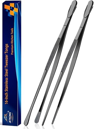 JETKONG 2 Pcs 16-Inch Heavy Duty Plating Tongs, Extra-Long Kitchen Fine Tongs Large Stainless Steel Cooking Forceps (Black)