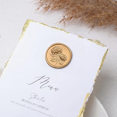 UNIQOOO 3D Embossed Relief Double Hydrangea Flowers Wax Seal Stamp with Wooden Handle, Vintage Brass Twin Floral Botanical Stamp Head for Wedding Invitations, Envelope Sealer, DIY Craft, Gift Wrapping
