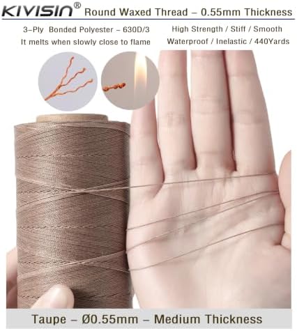 Bonded Waxed Polyester Thread for Leather Sewing, 0.55mm, 440 Yards, Taupe, 3-Ply Wax Cord for Stitching, Bookbinding, Upholstery, Beading, Crafting, Macrame Jewelry and Bracelet Making