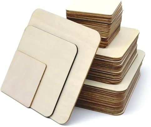 48 Piece Unfinished Blank Wood Sheets,3 Different Size Wood Square Slices Cutouts for Wood Burning Projects, Decoration DIY Wooden Craft Art Supplies