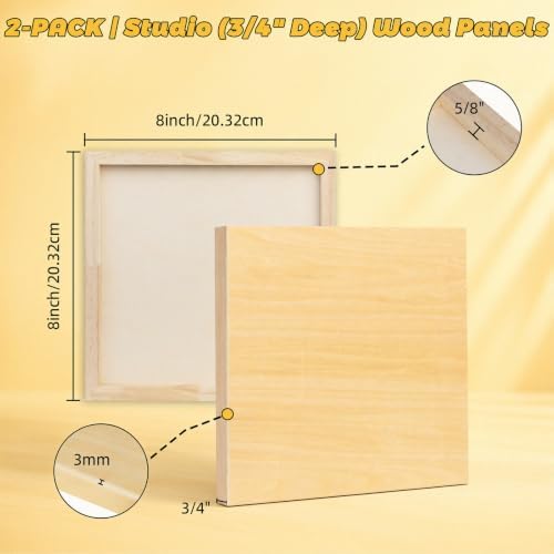 2 Pack 8x8 Basswood Wood Canvas Panels – Studio 3/4'' Deep Cradle Wood Art Boards for Pouring Art, Crafts, Oil & Resin Art - Sturdy Wood Painting Boards for Artists and DIY Crafters
