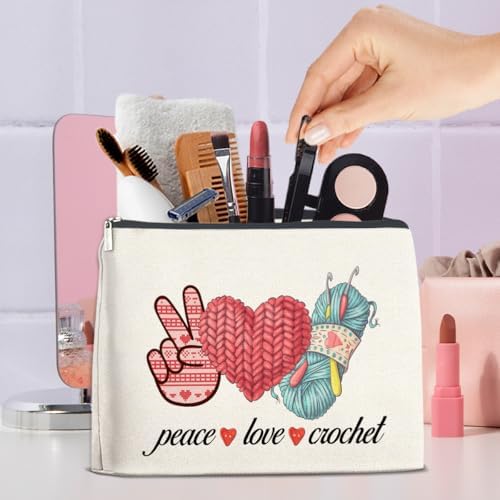 Peace Love Crochet Makeup Bag -Knitting Gift for Women Knitters Lovers,Lightweight Cosmetic Pouch