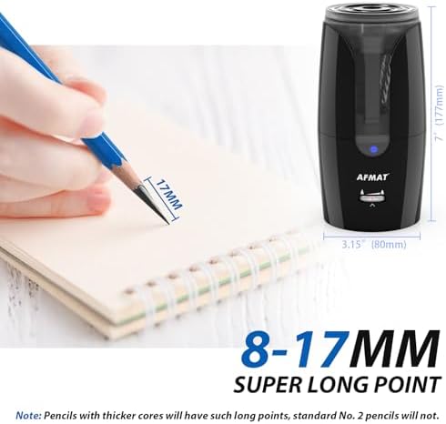 AFMAT Rechargeable Long Point Pencil Sharpener for Artist, Fast Sharpen & Auto Stop, 8-17mm Long Point, Electric Artist Pencil Sharpener for φ6-12mm Charcoal/Drawing/Sketching/Colored Pencils PS29