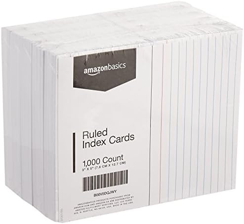 Amazon Basics Ruled Lined Index Cards for Study, Notes and Recipes, White, 3" x 5", 1000 Count (Pack of 100)