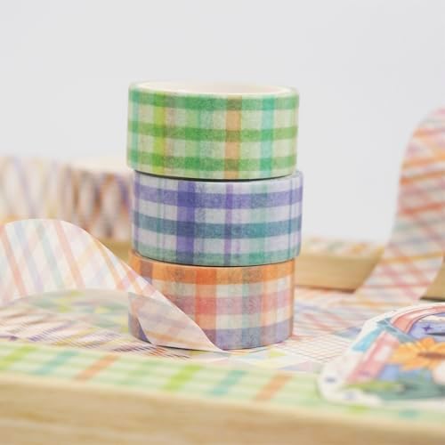 Basic Grid Washi Tape Set 12 Rolls Plaid Decorative Masking Tapes for Arts, DIY Crafts, Journals, Planners, Scrapbook, Wrapping (Colored)