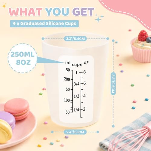4Pcs Silicone Resin Mixing Measuring Cups 250ml / 8oz for Resin Supplies, Easy-to-Read Black Marks, Non-Stick Reusable Silicone Pouring Cups for Epoxy Mixing