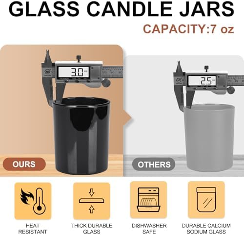 Thick Candle Jars for Making Candles 12 Pcs, 7 OZ Empty Jars with Wood Lids for Candle Making, Sample Container, Glossy Black