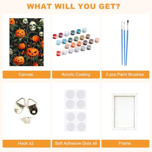 SENQAO Pumpkin Paint by Numbers Kit for Adults Beginner, Halloween Adult Paint by Number Kits on Canvas, DIY Acrylic Oil Easy Painting by Numbers for Home Wall Decor 8X12 inch (Skull Pumpkin)