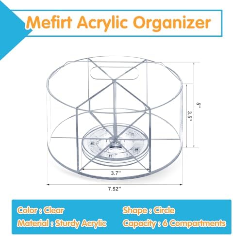 Mefirt Acrylic Pen Holder, 360 Degree Rotating Pen Organizer, Rotating Desk Acrylic Office Organizer with 6 Compartments, Marker Organizer for Kid, Crayon Caddy School Art Supply Storage Organizer