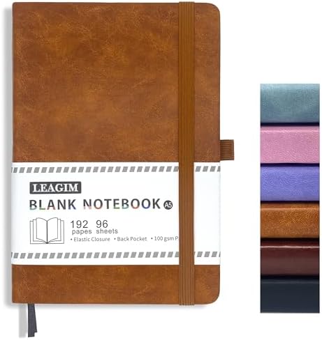 Blank Journal Notebook, A5, 192 Pages 100 GSM Thick Sketch Book for Women Men, Hardcover Leather Unlined Journaling for Work, Notebooks for Writing, 5.8 inches x 8.5 inches (Brown)