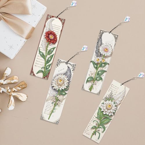 4-Pack 5D Flower Diamond Painting Bookmarks Kit, DIY Diamond Art Bookmarks with Colorful Diamond Gems and Tassels, Floral Bookmark Making Set for Adults, Gift for Book Lovers