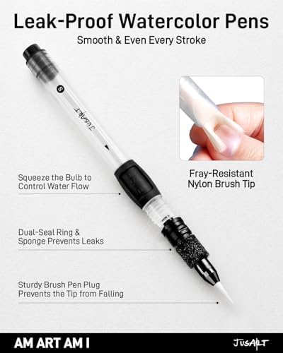 JusArt Water Brush Pens 12-Pack Leak-Proof Refillable Watercolor Pens