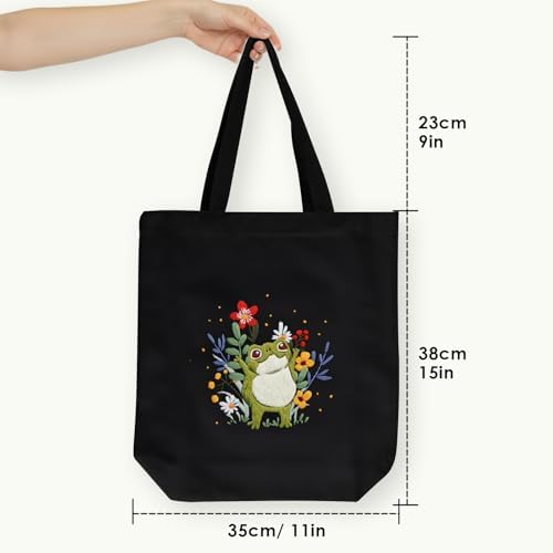 ERKOON Canvas Tote Bag Embroidery Kit for Beginners, Needlepoint Arts Crafts Cross Stitch Kits for Adults Including Stamped Embroidery Bag with Hoops, Needle, Instruction and Color Threads (Frog)