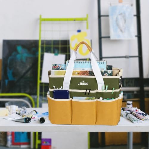 JJRING Craft Organizer Tote Bag Large Art Storage Caddy Dark Green&Brown | With Multiple Pockets For Sewing, Scrapbooking, School, Medical, And Office Supplies