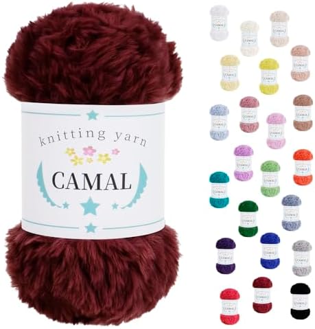 CAMAL Soft Faux Fur Yarn for Crocheting Blanket, 65 Yards Chunky Eyelash Yarn for Knitting Hats, 100 Grams Fuzzy Velvet Crochet Thread for Dolls, Earmuffs, Bags (Wine red)