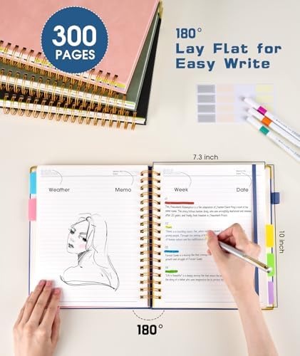 Hardcover Spiral Notebook Journal with Removable Dividers Tabs, 300 Pages Leather 5 Subject Notebook College Ruled, 8"x10" Large B5 Notebooks for Work School, Lined Journal for Women, Light Blue