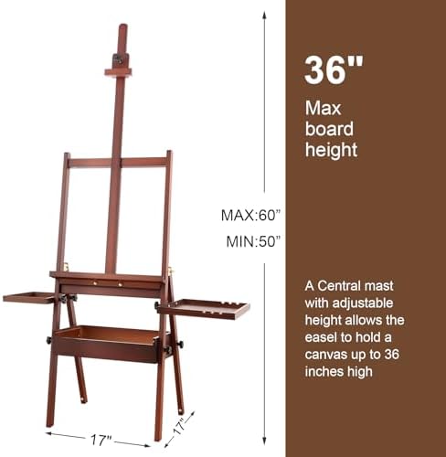 Wooden H-Frame Studio Easel with Storage Drawer and Palettes, Walnut | Solid Beechwood Painting Easel for Students, Beginners, and Artists, Hold Canvas to 36Inches High