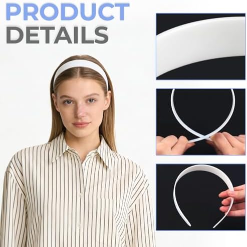 50 PCS 1 Inch Wide White No Teeth Plastic Headbands, Blank Plain DIY Hair Bands for Girls Women Craft Projects