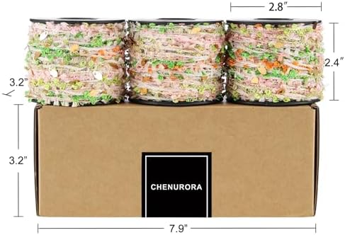 Artisanal Yarn Collection Multifiber Fancy Yarn for Knitting Crocheting Crafts DIY, Set of 3 Rolls (Interwoven Pink & Green with Golden Sequins)