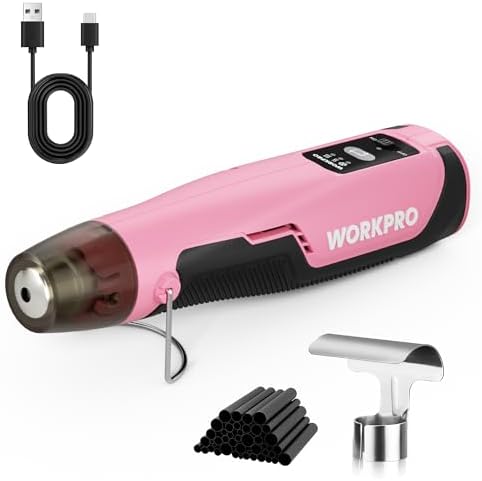 WORKPRO 7.2V Pink Cordless Mini Heat Gun, 1.5s Fast Heating | 3 Temp Settings (Cool/572°F/842°F), 4000mAh Battery, USB-C Charging Cable Included, For DIY Crafts, Pink Ribbon