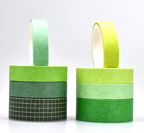 8 Rolls Washi Tape Set Basic Solid Color Green Plaid Grid Adhesive Decoration Label Masking Tapes for DIY Journaling Scrapbook Planners Art Craft Album Scrapbooking Collage Water Bottles