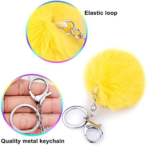 BQTQ 18 Pieces Pom Pom Keychains Rabbit Faux Fur Balls with Silvery Hooks