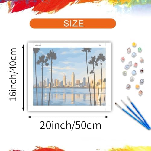 San Diego Cityscape Paint by Number Kits, California Seaside View Hand-painted Art, Sunset Downtown Canvas Acrylic Painting Set, Modern Urban Paint by Numbers for Home Decor(16×20inch, Unframe)