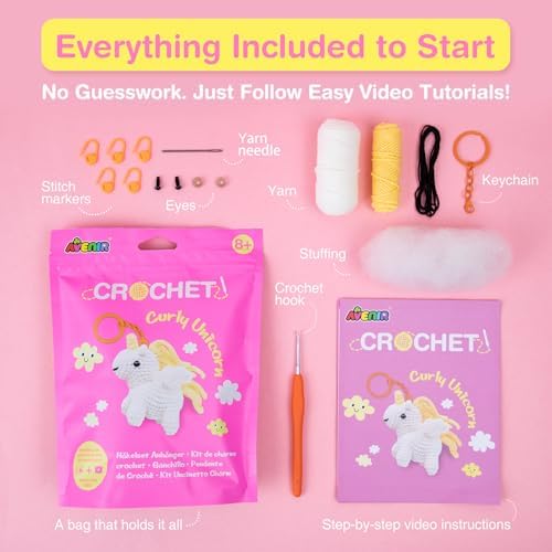 Avenir Crochet Kit for Beginners, Unicorn Animal Keychain Craft Set