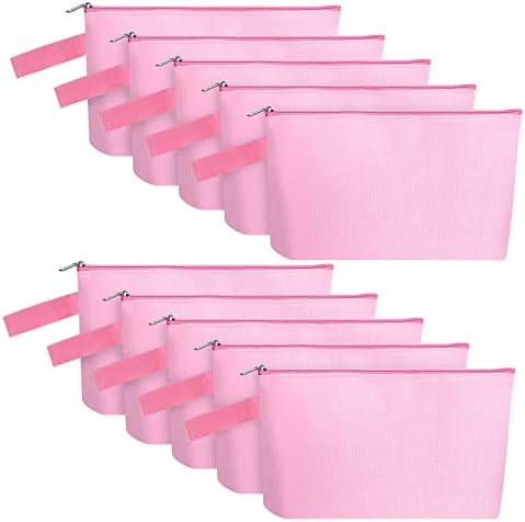 10 Pieces Cotton Canvas Makeup Bag with Bottom and Strap, Multi-Purpose Cosmetic Bag with Zipper Travel Toiletry Pouch, Blank DIY Craft Bag Pencil Bag (Pink, XS) (MN-WB07)
