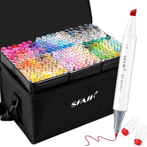 SFAIH Pro Progression Alcohol Markers Set 217 Colors Chisel & Fine Dual Tip | Seamless Blended, Storage Case, Adult Coloring Books Illustration Sketch Design Drawing, Colorless Blender, Art Lovers Artist
