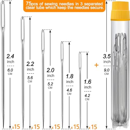 75 Pack Premium Large Eye Needles for Hand Sewing with 4 Needle Threaders, Assorted Sizes, Embroidery Needles for Hand Sewing, Sewing Needles Large Eye, Big Eye Needle