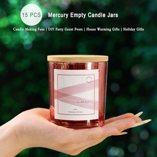 LAMORGIFT 15 Pack Empty Candle Jars With Lids (8oz, Rose Gold) - Making Containers Include 20 Pcs Labels - Mercury Glass Jars