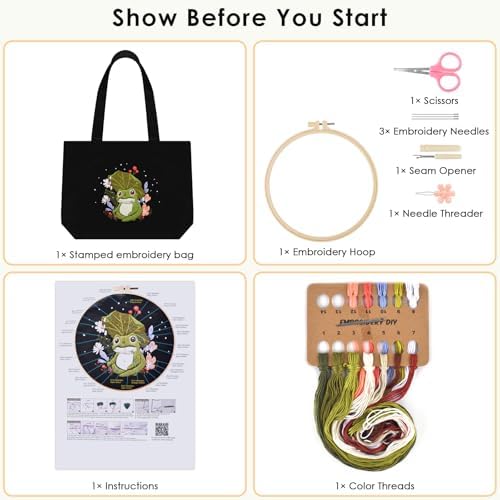ERKOON Embroidery Canvas Tote Bag for Beginners, Floral Arts Crafts Cross Stitch Kits for Adults Including Stamped Embroidery Bag with Hoops, Needle, Instruction and Color Threads (Frog)