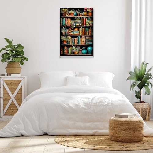 Bowetile Framed Paint by Numbers Bookshelf for Adults Beginners, Adults' Paint-by-Number Kits, Easy Adult Paint by Number Kits on Canvas, Acrylic Bookshelf Number Painting for Home Decor, 8x12in