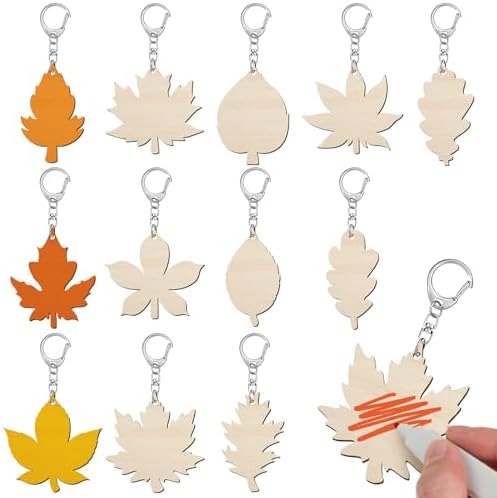 Trnayi 36 Pcs Maple Leaf Wood Keychain Color Your Own DIY Craft | Maple Leaf Wooden Keychain, Color Your Own Unfinished Craft, Blank Wood Painting DIY Craft, for Thanksgiving Art Project