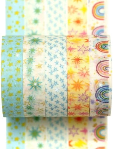 Cute Pattern Washi Tape Set 5 Rolls Glitter Cover Decorative Wide Kawaii Masking Tapes for Arts, DIY Crafts, Journals, Planners, Scrapbook, Wrapping (6 Starry Sky)
