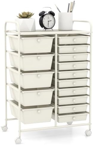 GOFLAME 15-Drawer Rolling Storage Cart, Craft Storage Cart with Removable Drawers & Lockable Wheels, Art Cart Supply Storage Organizer for Home Office Classroom, White