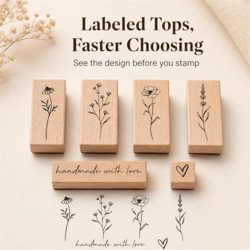 6pcs Wooden Rubber Floral Stamps Set, Crafting, Scrapbooking
