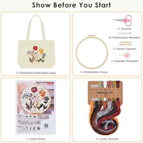 ERKOON Canvas Tote Bag Embroidery Kit for Beginners, Floral Arts Crafts Cross Stitch Kits for Adults Including Stamped Embroidery Bag with Hoops, Needle, Instruction and Color Threads (Flower)